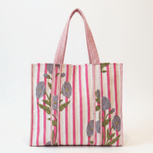 Striped pink floral tote printed bag